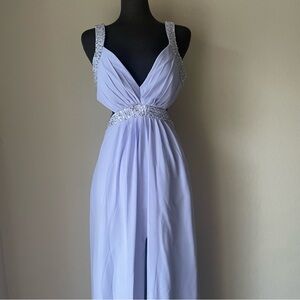 Full Length V-Neck Beaded Strappy Back cut out Prom Gown 8 Lavender